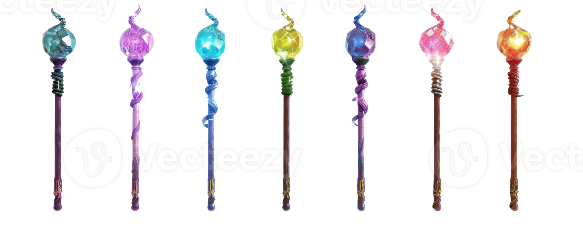 A collection of colorful, glowing magic wands in a row, each wand emitting a unique light, representing fantasy and enchantment. png