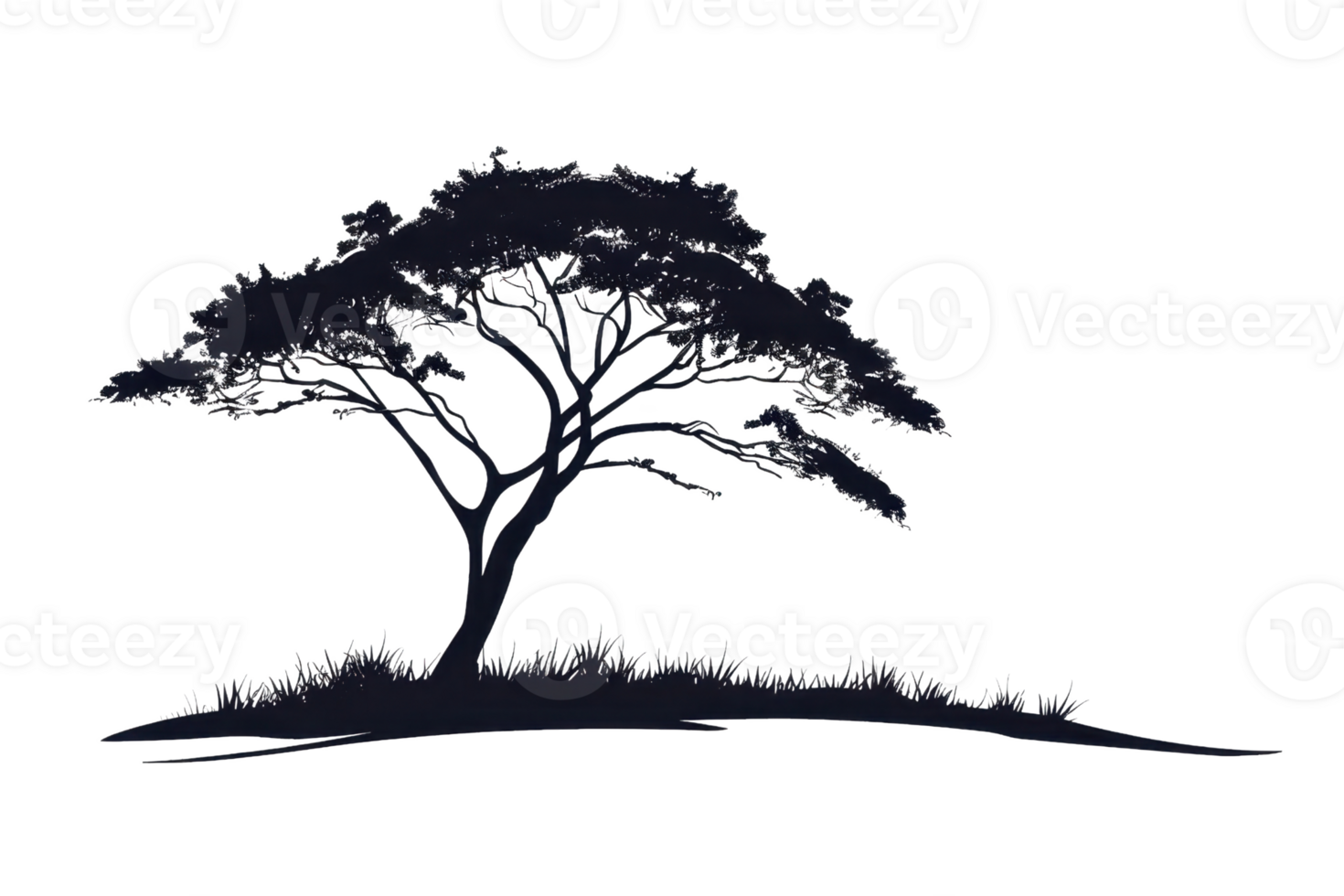 Silhouette of a lone tree standing on a grassy landscape with a tranquil and serene backdrop. Perfect for nature and scenic themes. png
