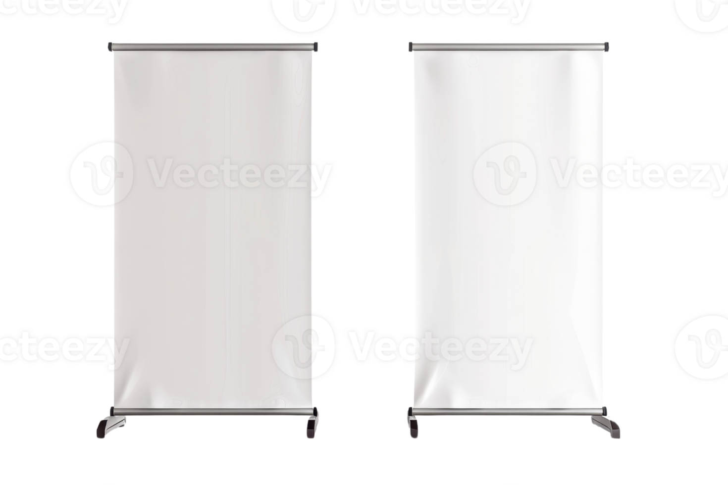 Two blank roll-up banners or pull-up displays with transparent background. ideal for advertising, promotions, and presentations. png