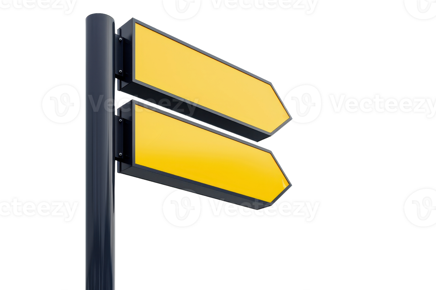 Yellow directional signpost with empty arrows indicating navigation choices on a black pole, isolated on a transparent background. png