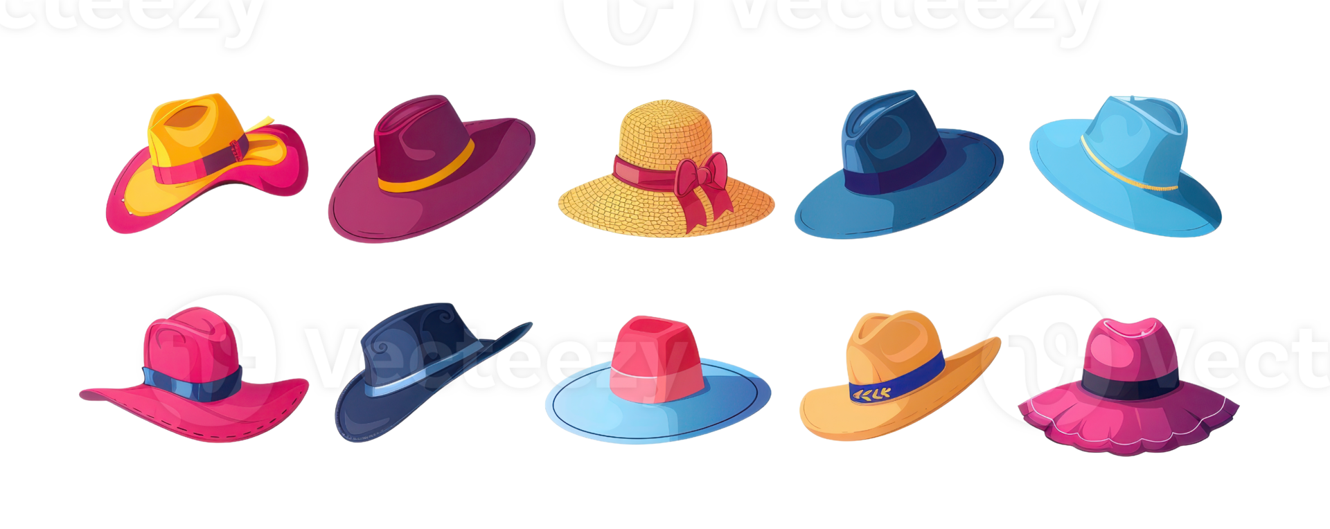 A collection of colorful summer hats in various styles, perfect for beach outings and sunny days, with vibrant designs and wide brims. png