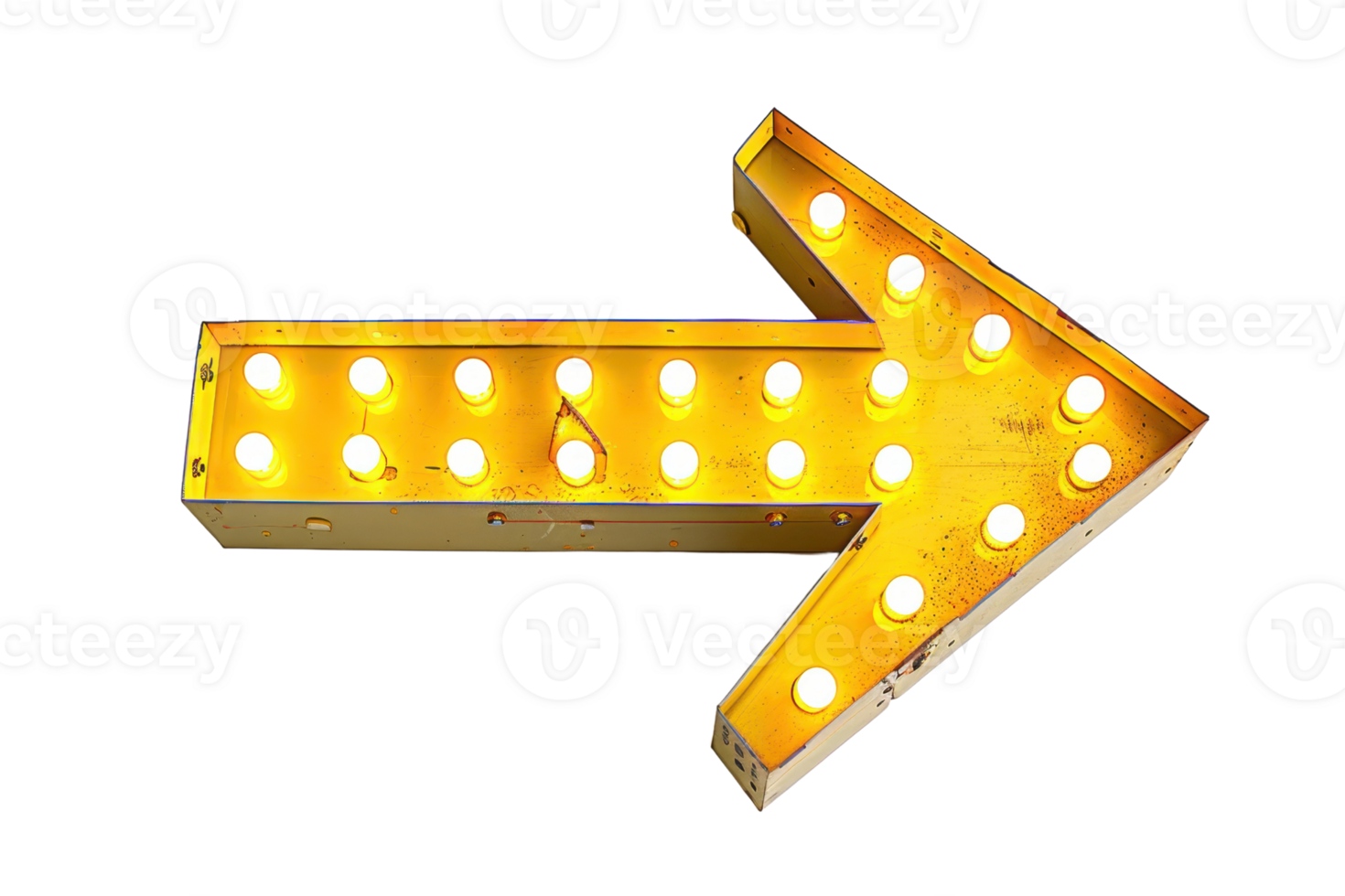 Vintage yellow illuminated arrow sign pointing right, lit with bulbs, isolated on a transparent background. png