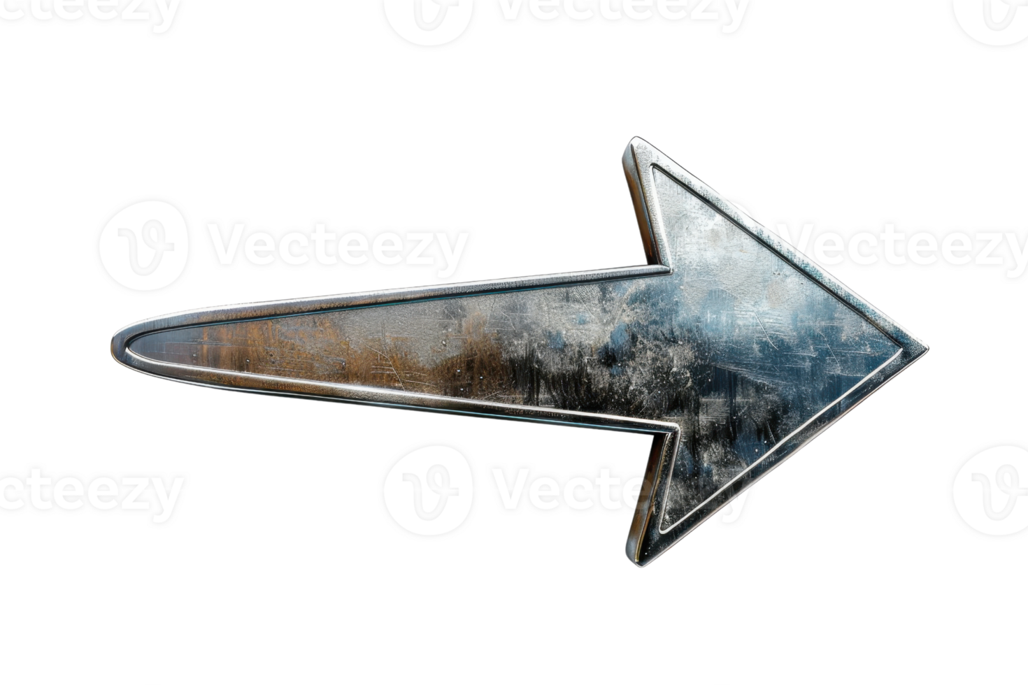 Rustic metallic arrow sign pointing right, isolated on transparent background. Perfect for navigation or direction concepts. png