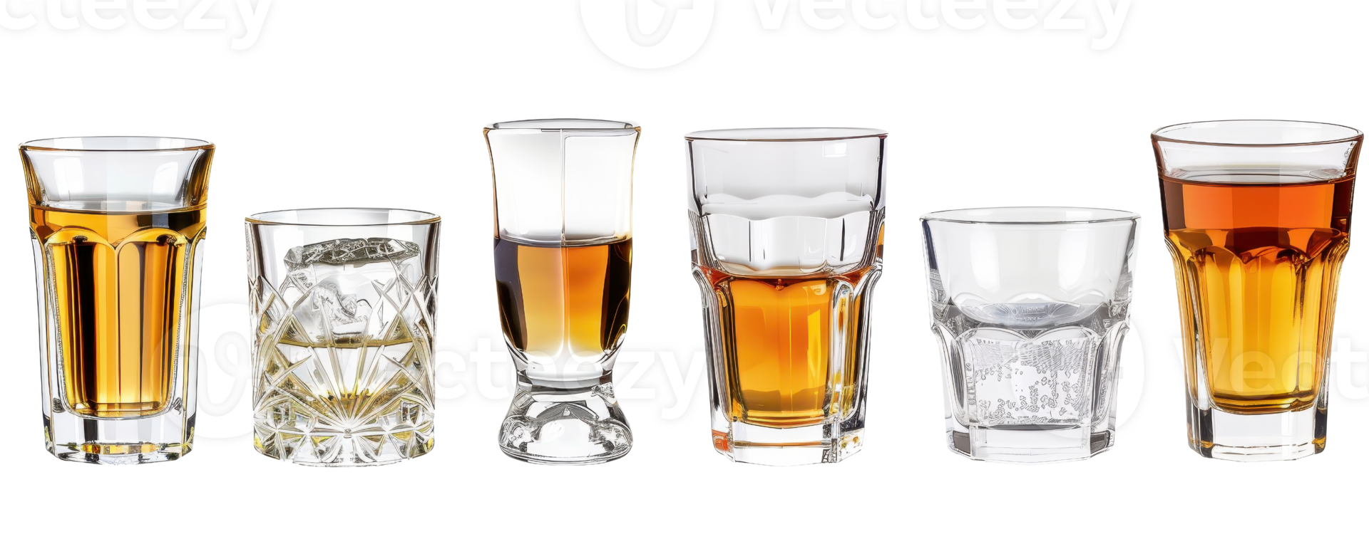 A row of six different shot glasses filled with various types of whiskey against a transparent background. showcasing diverse glassware and rich color variations. png