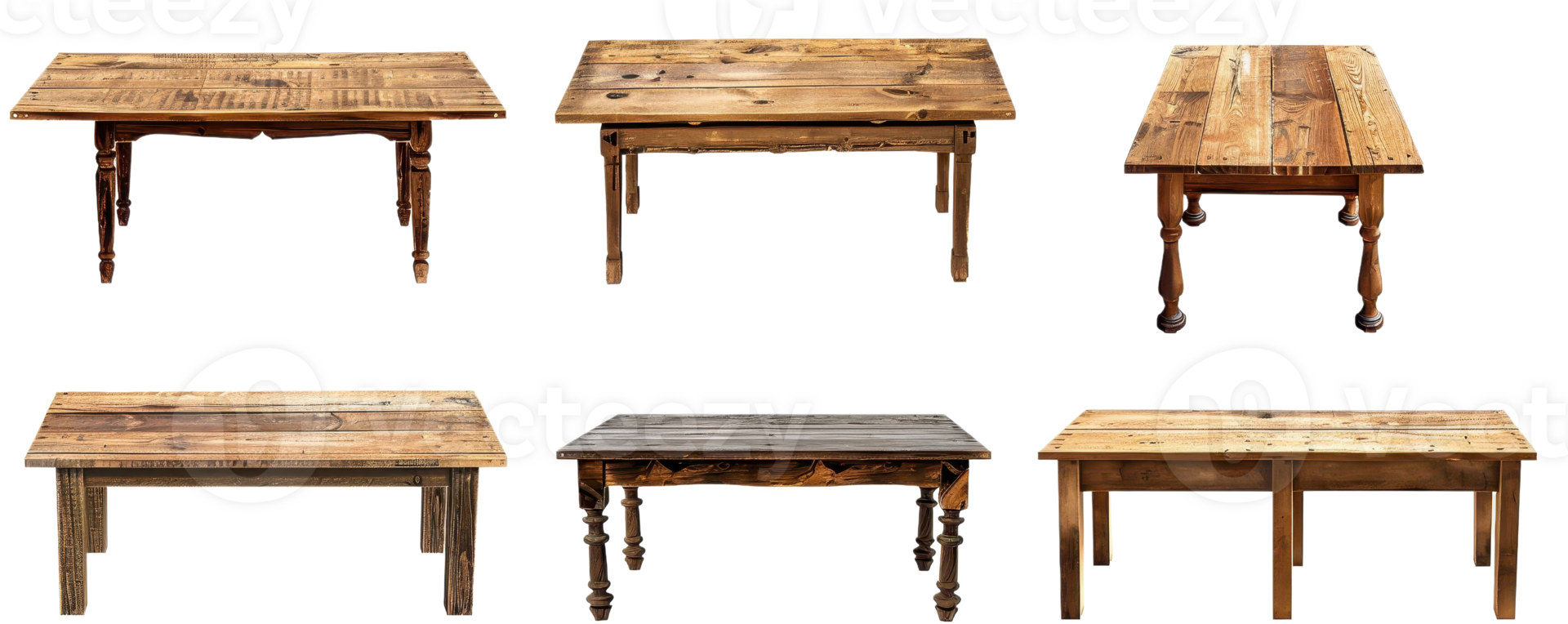A collection of rustic wooden tables showcasing various designs and styles, perfect for home decor and furniture enthusiasts. png