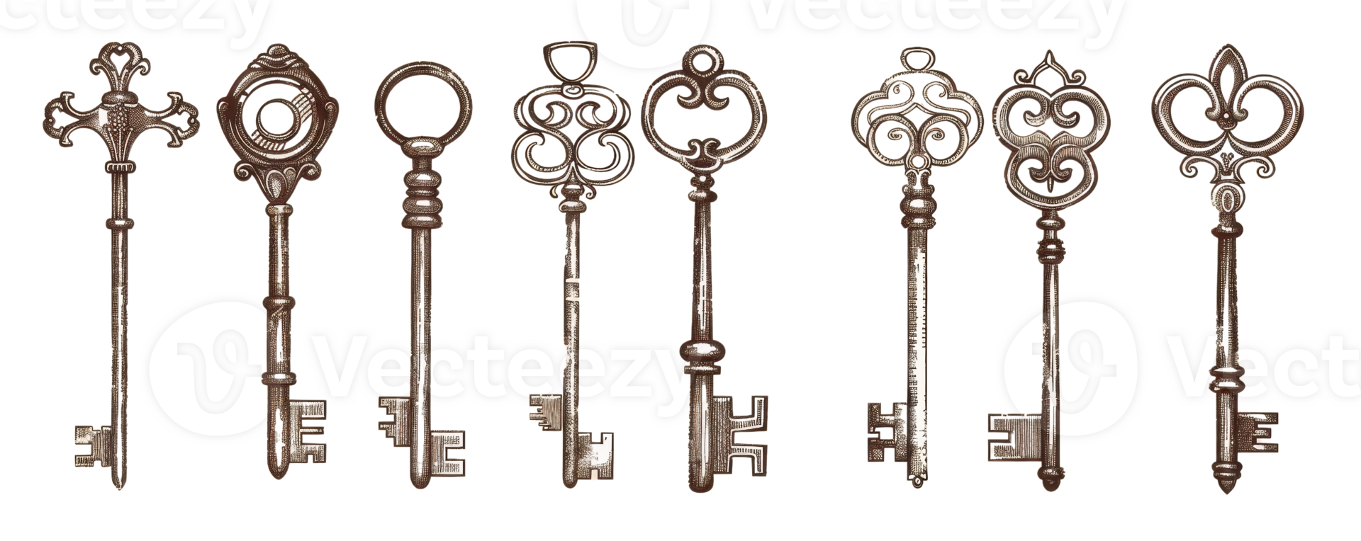 A collection of seven intricate, vintage skeleton keys arranged in a row, showcasing unique ornate designs and patterns. png