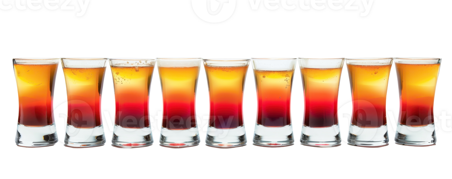 A row of nine layered shots with gradient colors, showcasing vibrant beverages. Perfect for a bar or party themed stock photo. png