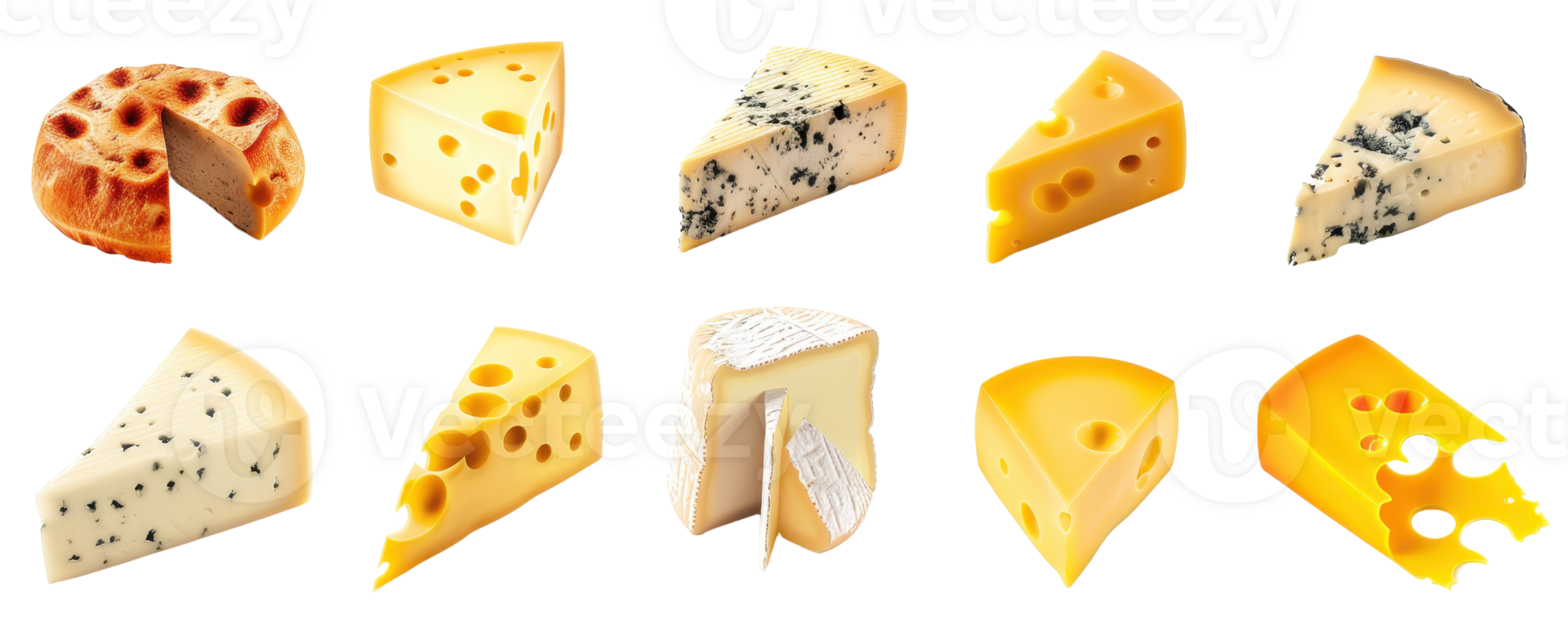 A selection of various cheese types, showcasing different textures and colors, isolated on a transparent background. png