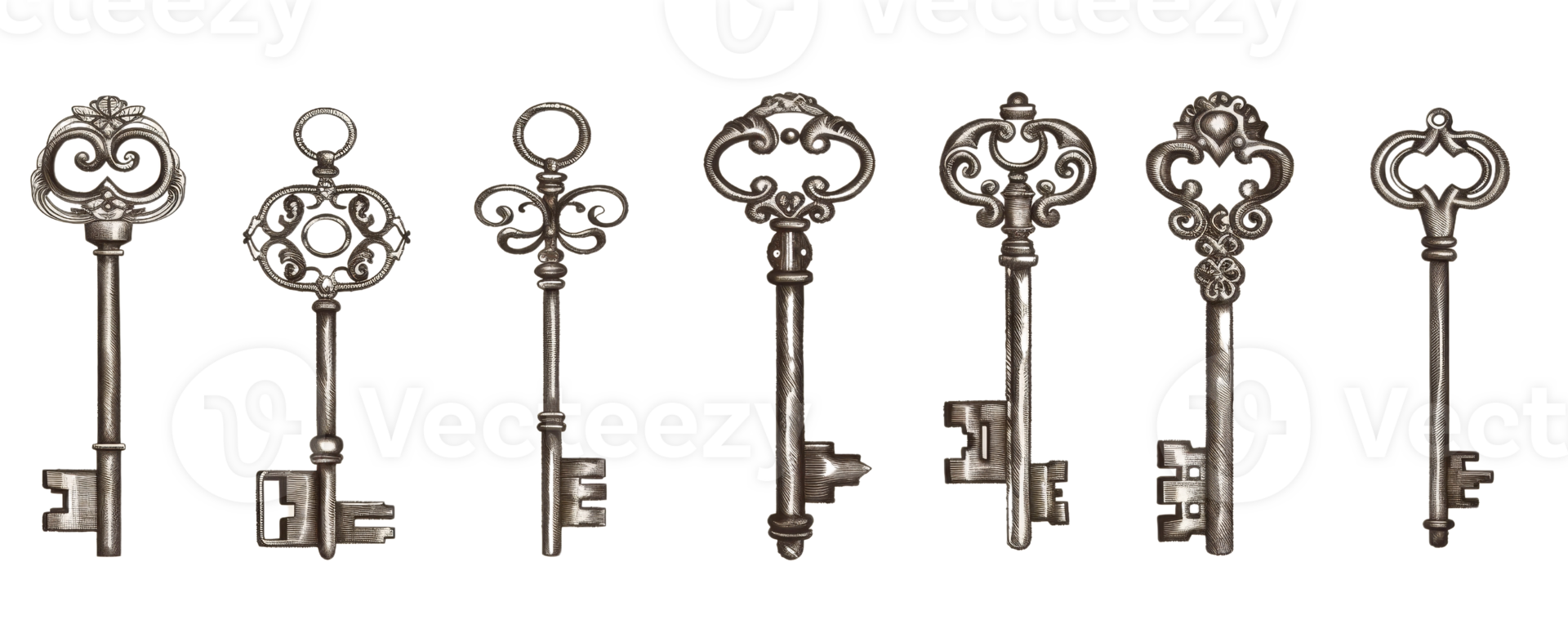 A collection of vintage skeleton keys with intricate designs displayed in a row on a transparent background. png