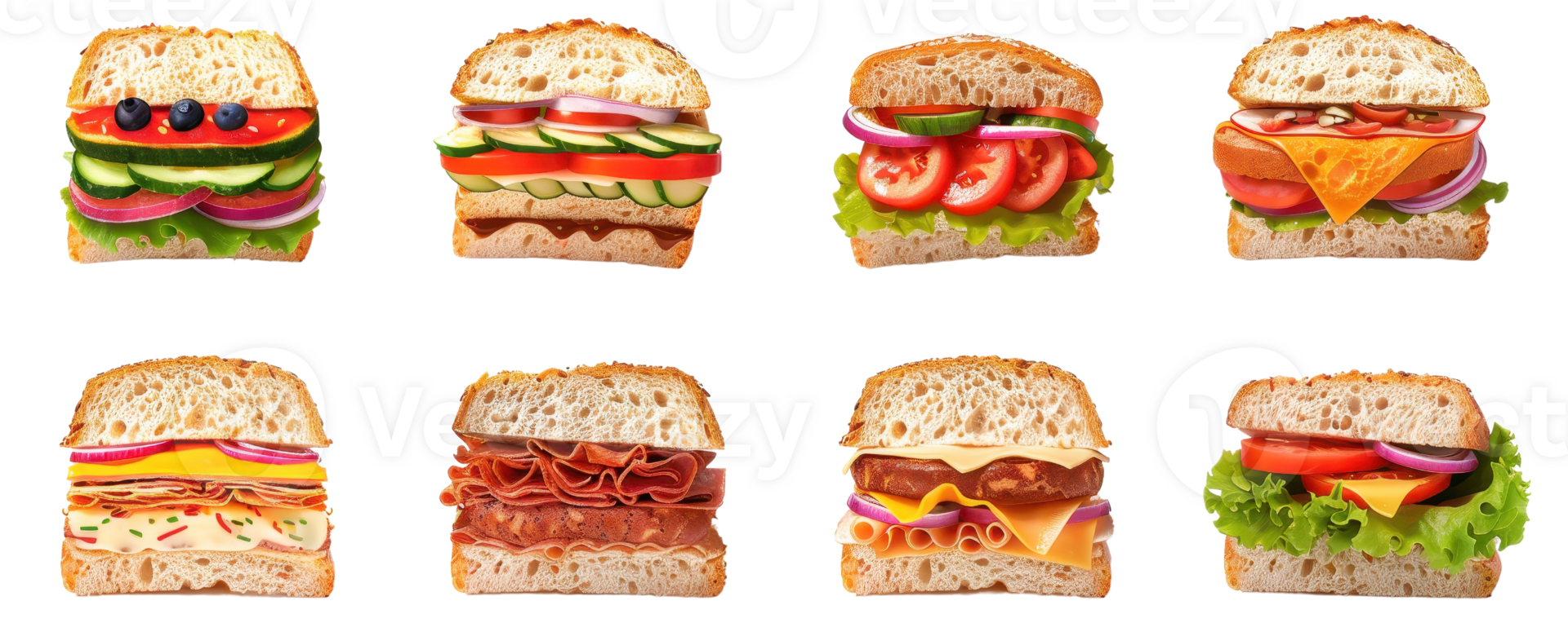 A collection of various delicious sandwiches with fresh ingredients displayed in a row, showcasing a variety of flavors and textures. png