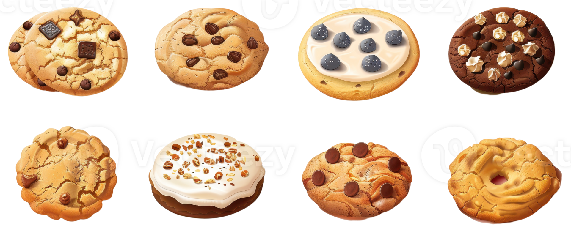 A mouth-watering assortment of cookies, including chocolate chip, frosted, and nut-topped varieties, perfect for any dessert lover. png