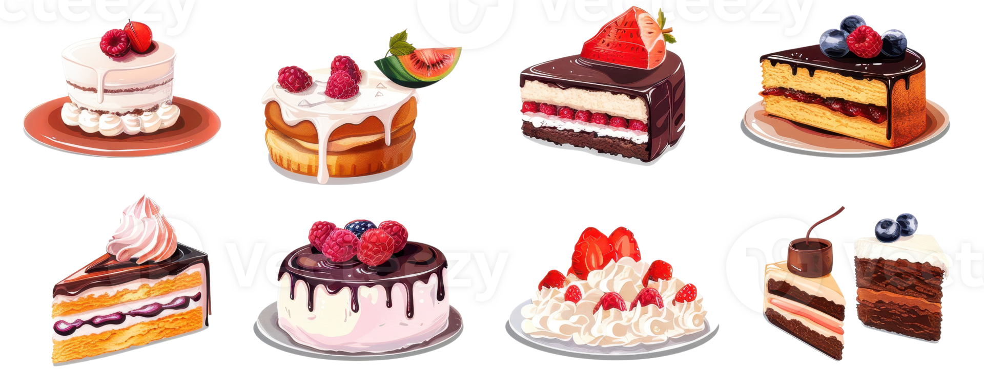 A delightful assortment of colorful cakes and pastries featuring various flavors and toppings, perfect for dessert enthusiasts. png