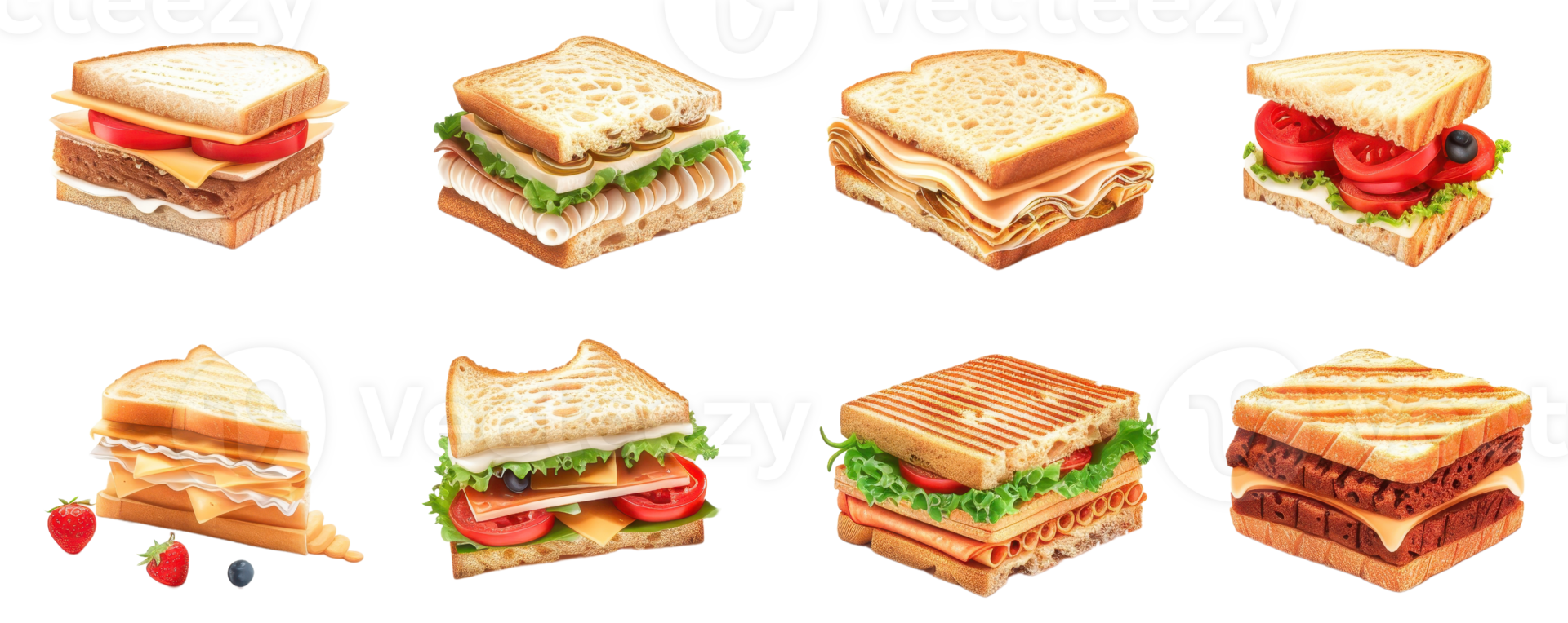 A diverse assortment of delicious sandwiches featuring various combinations of meats, cheeses, and vegetables, perfect for any meal or snack. png
