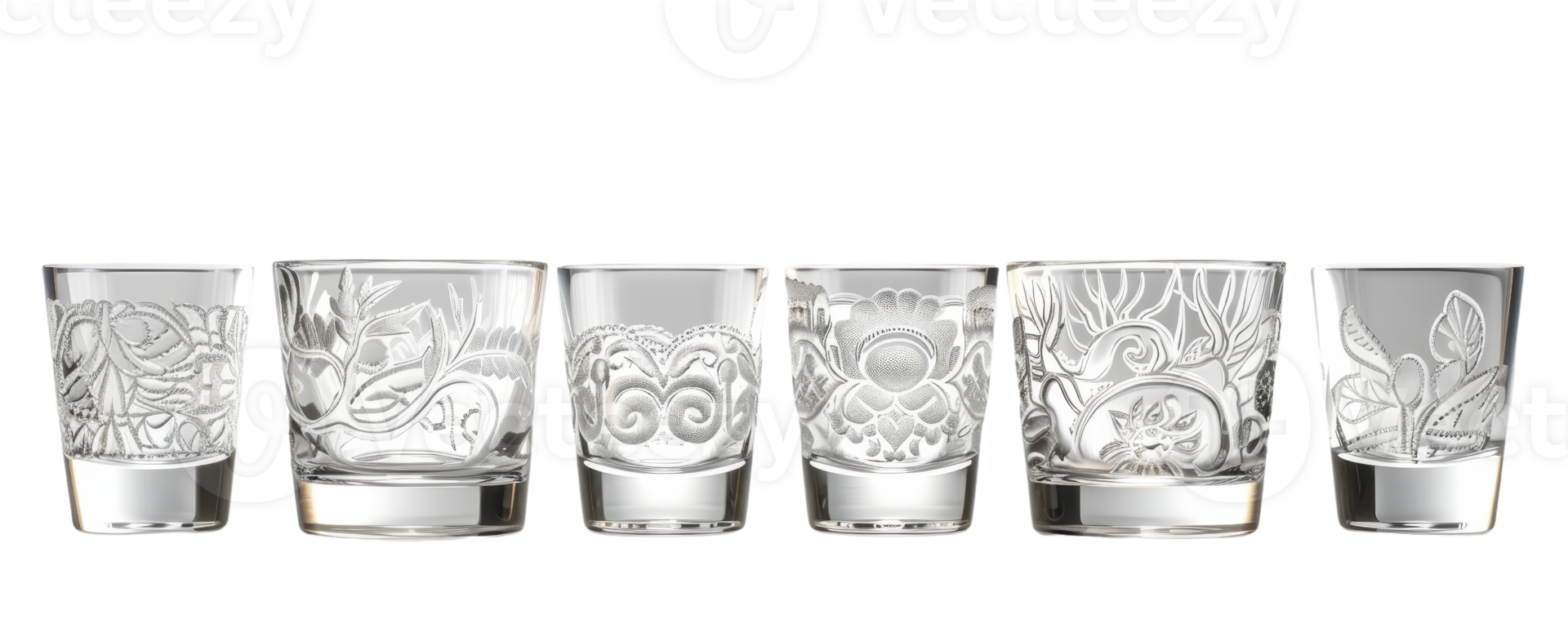 A set of six elegant glass tumblers with intricate white floral patterns, perfect for adding a touch of sophistication to any dining setting. png