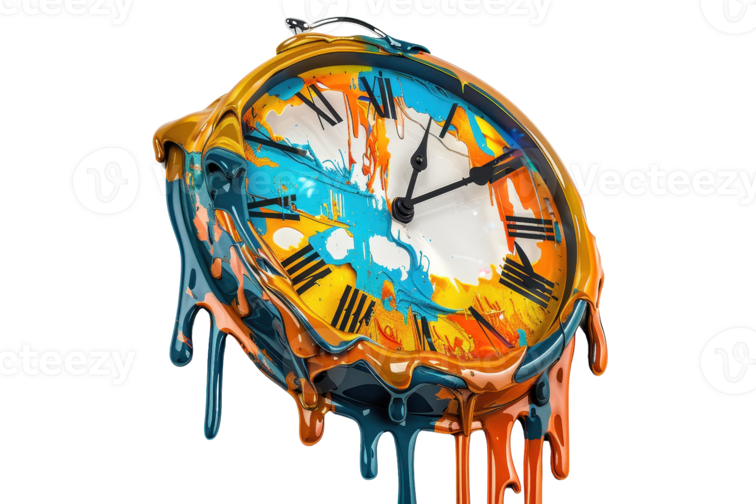 Abstract melting clock with vibrant colors and surreal design, symbolizing the fluidity of time and artistic creativity, isolated on a transparent background. png