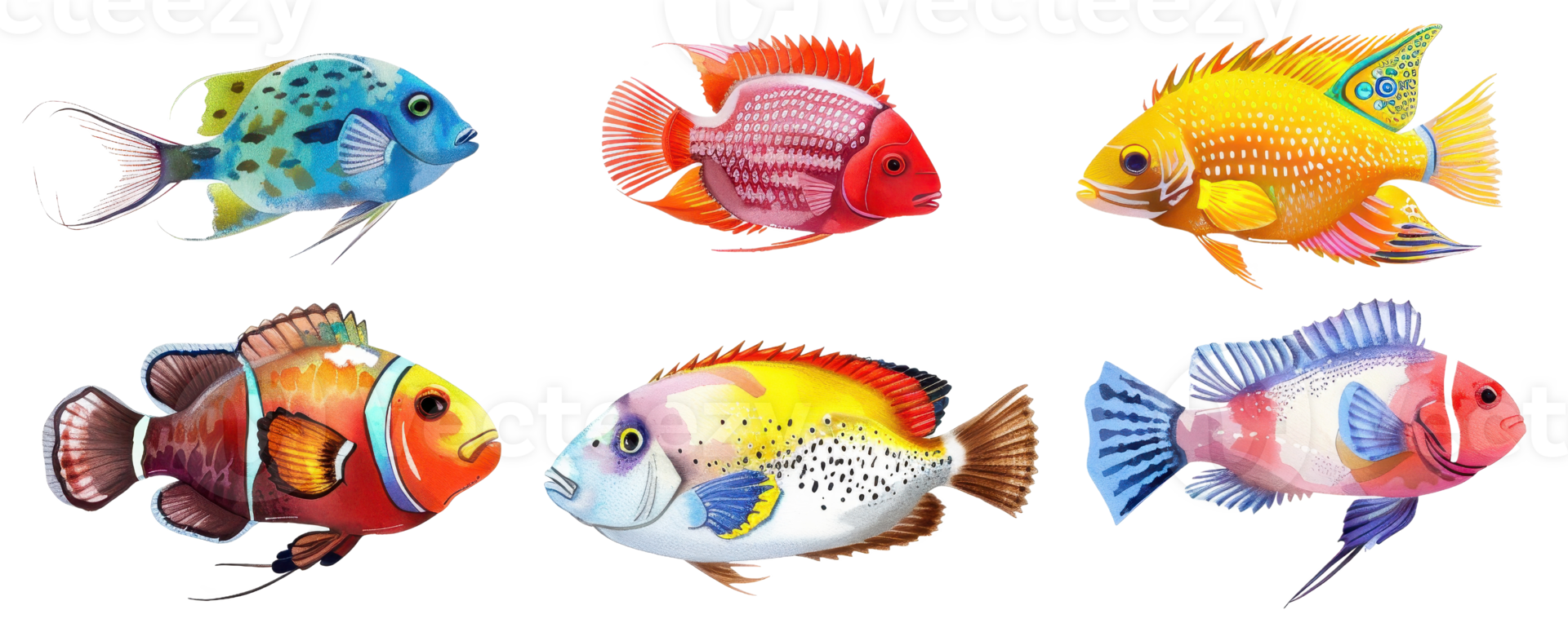 A vibrant collection of brightly colored tropical fish illustrations, showcasing various species with intricate patterns and vivid hues. png