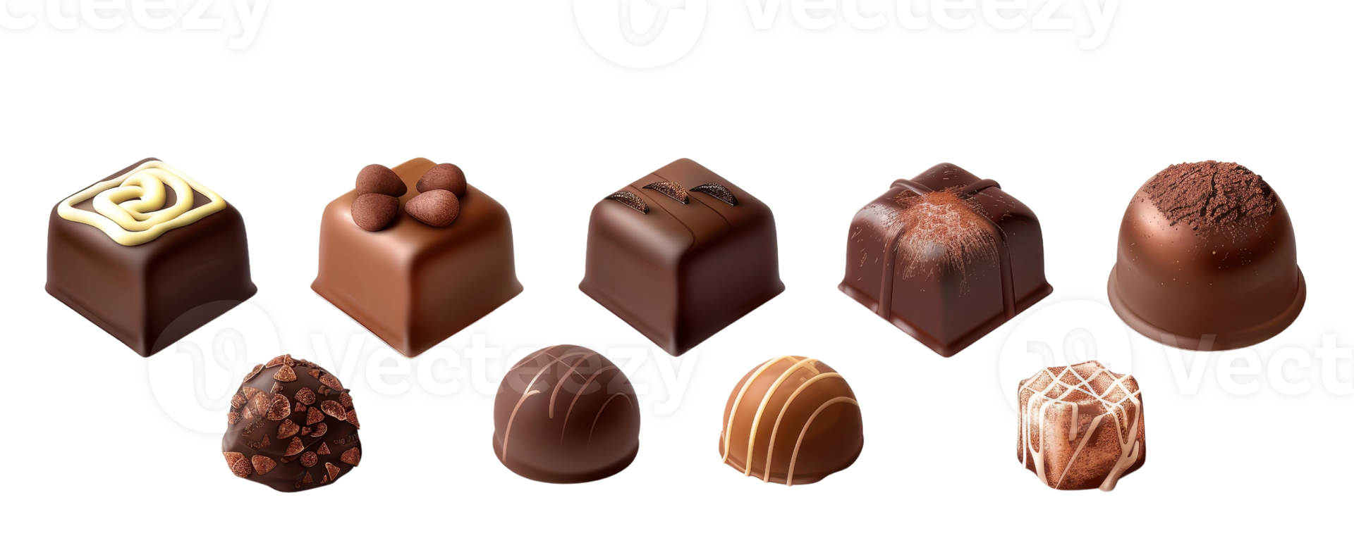 A delicious assortment of various gourmet chocolates, beautifully arranged in a row, perfect for any chocolate lover or special occasion. png