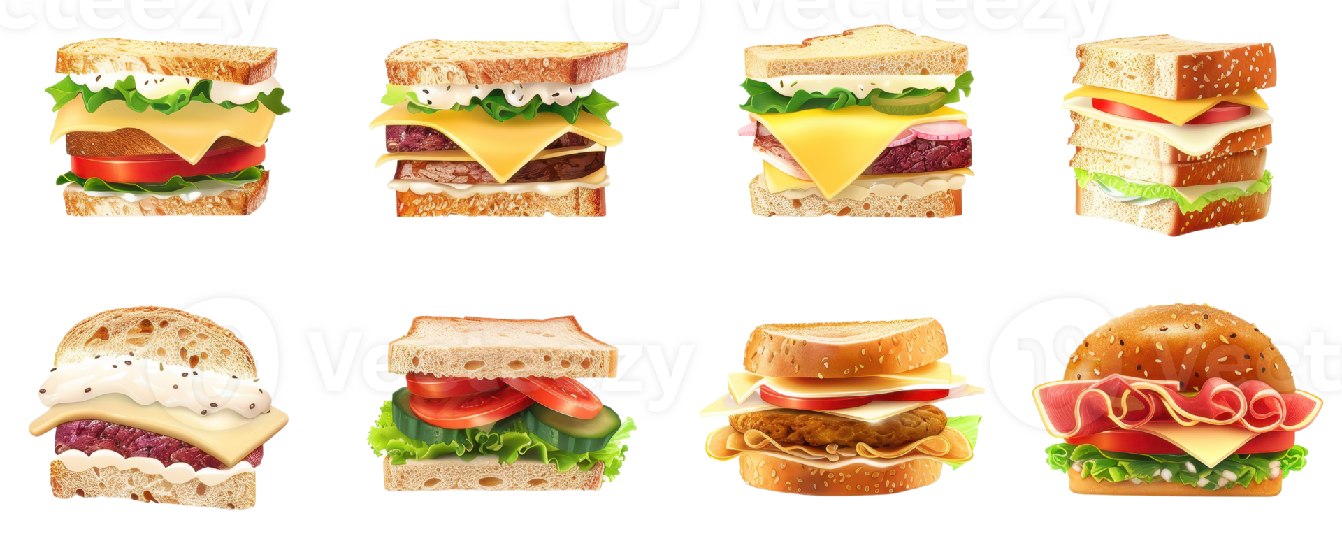 A delicious assortment of eight different sandwiches featuring various ingredients, perfect for any meal or snack time. png