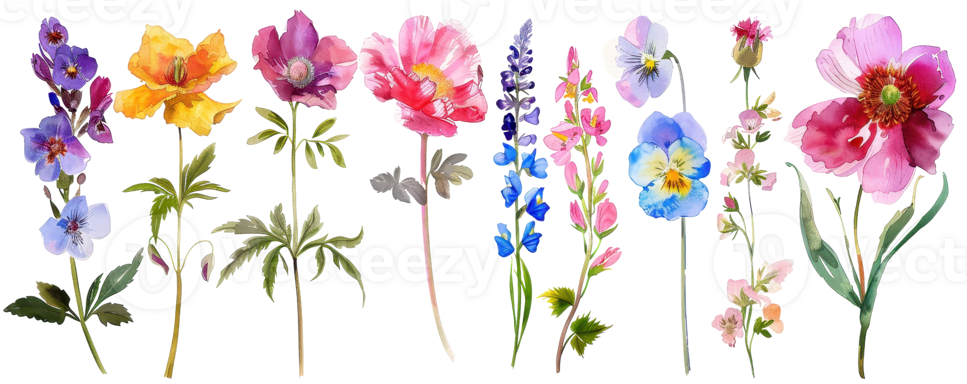 A vibrant illustration of different colorful flowers, showcasing a beautiful arrangement and variety. Perfect for spring and summer themes. png