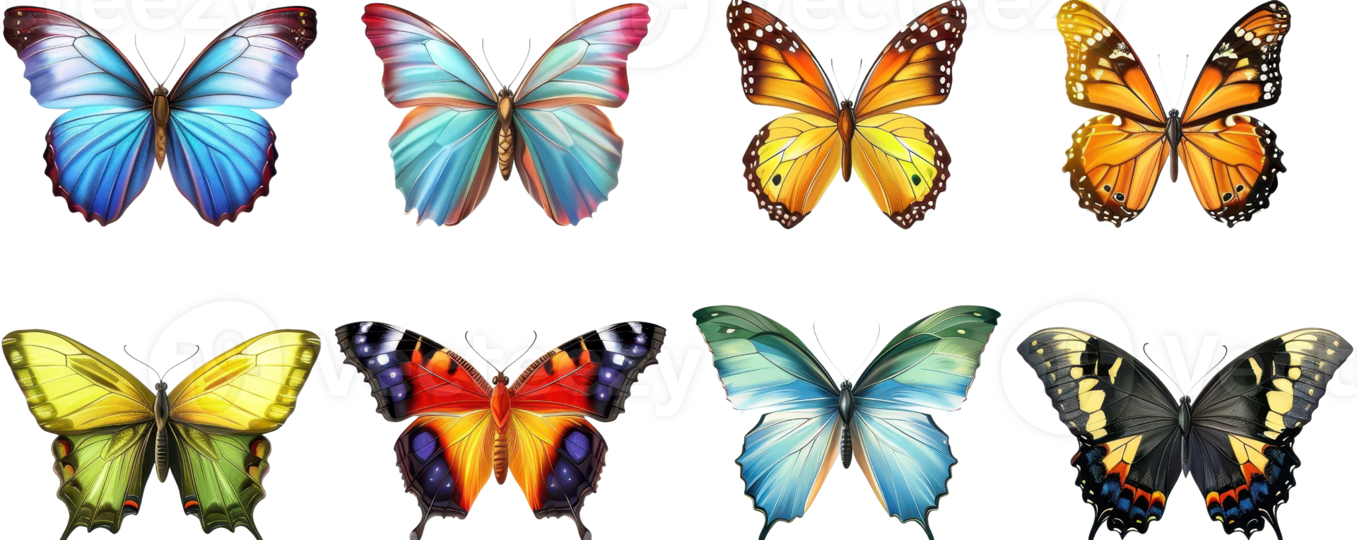 A vibrant collection of eight different colorful butterfly illustrations, showcasing various patterns and shades. png