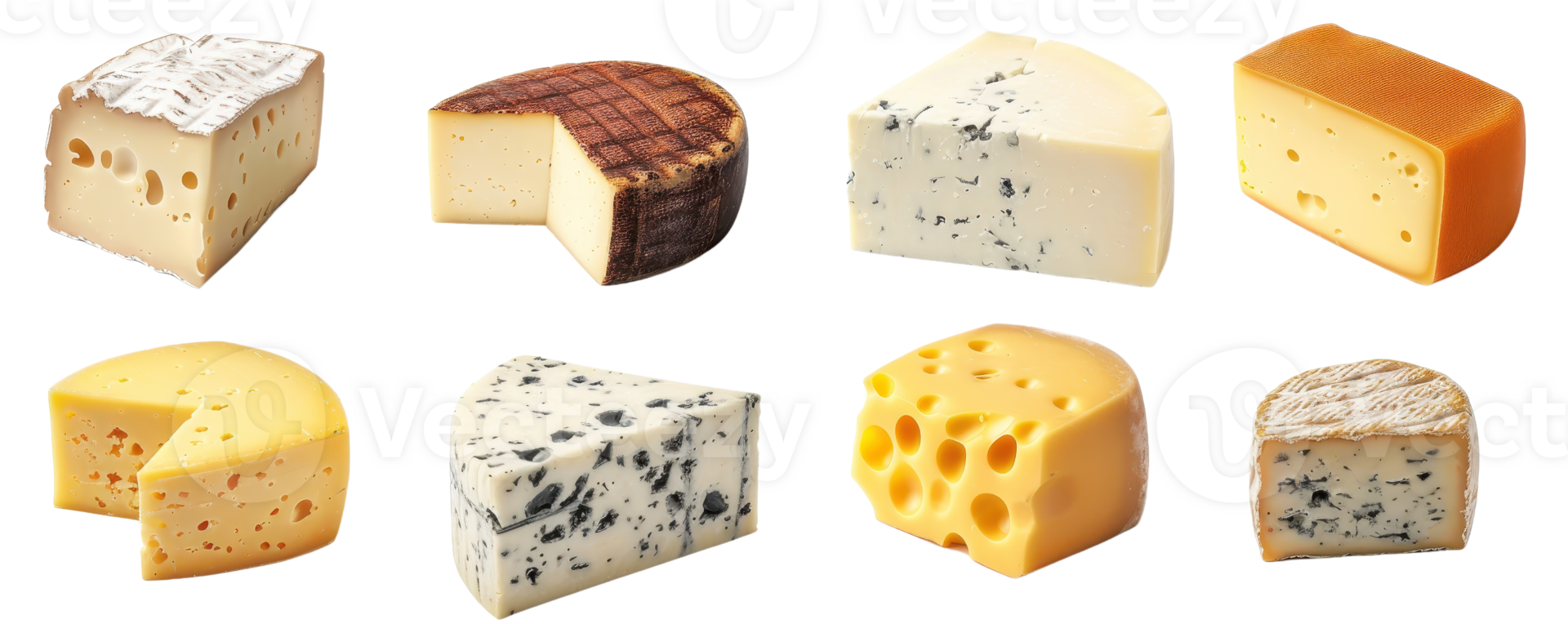 A variety of different cheese types on a transparent background. showcasing various textures and colors, ideal for culinary and food-related projects. png