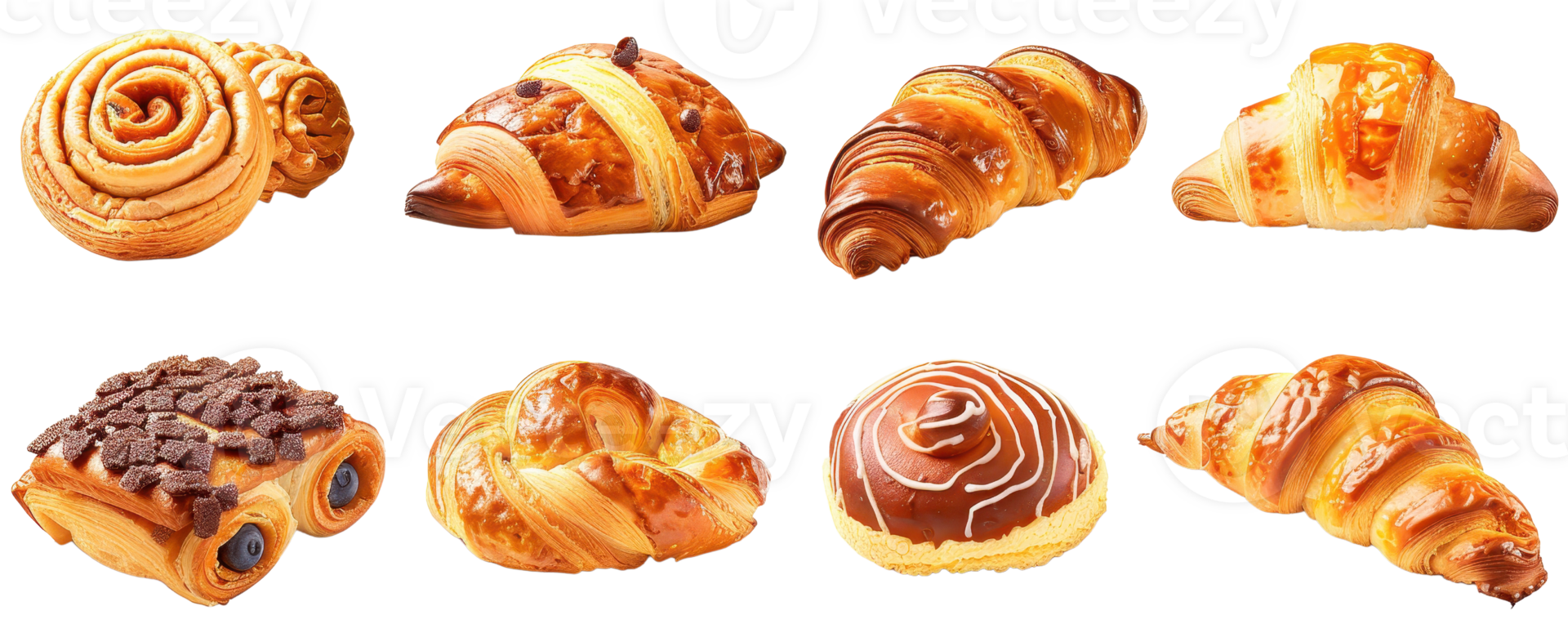 A variety of delicious pastries and croissants, perfect for breakfast or dessert, displayed on a transparent background. png