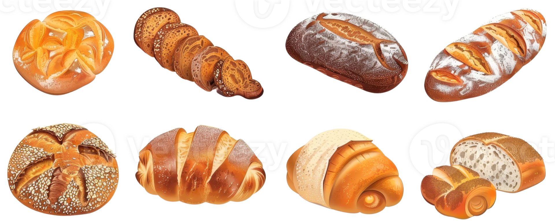 Assorted freshly baked bread and pastries set against a transparent background. showcasing a variety of shapes and toppings. png