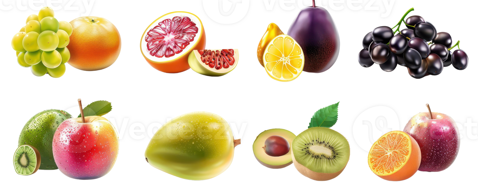 A vibrant assortment of fresh and juicy fruits including grapes, oranges, kiwi, apple, and more, perfect for healthy eating and organic food themes. png