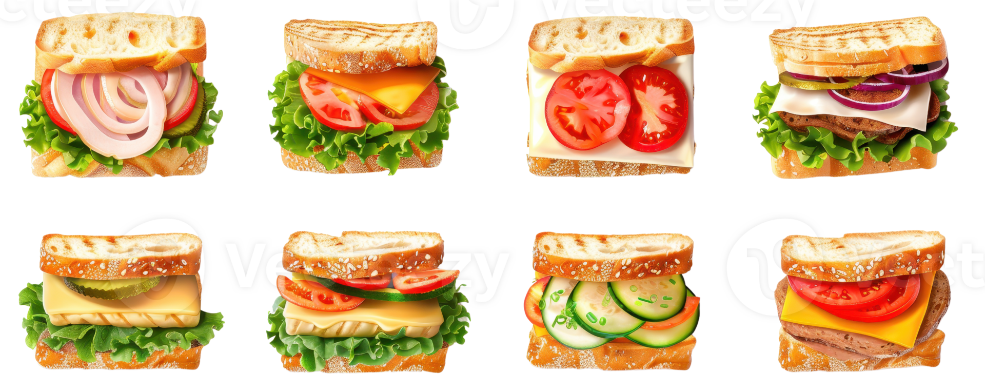 An assortment of delicious sandwiches with various fillings including lettuce, cheese, tomatoes, and onions on toasted bread. png