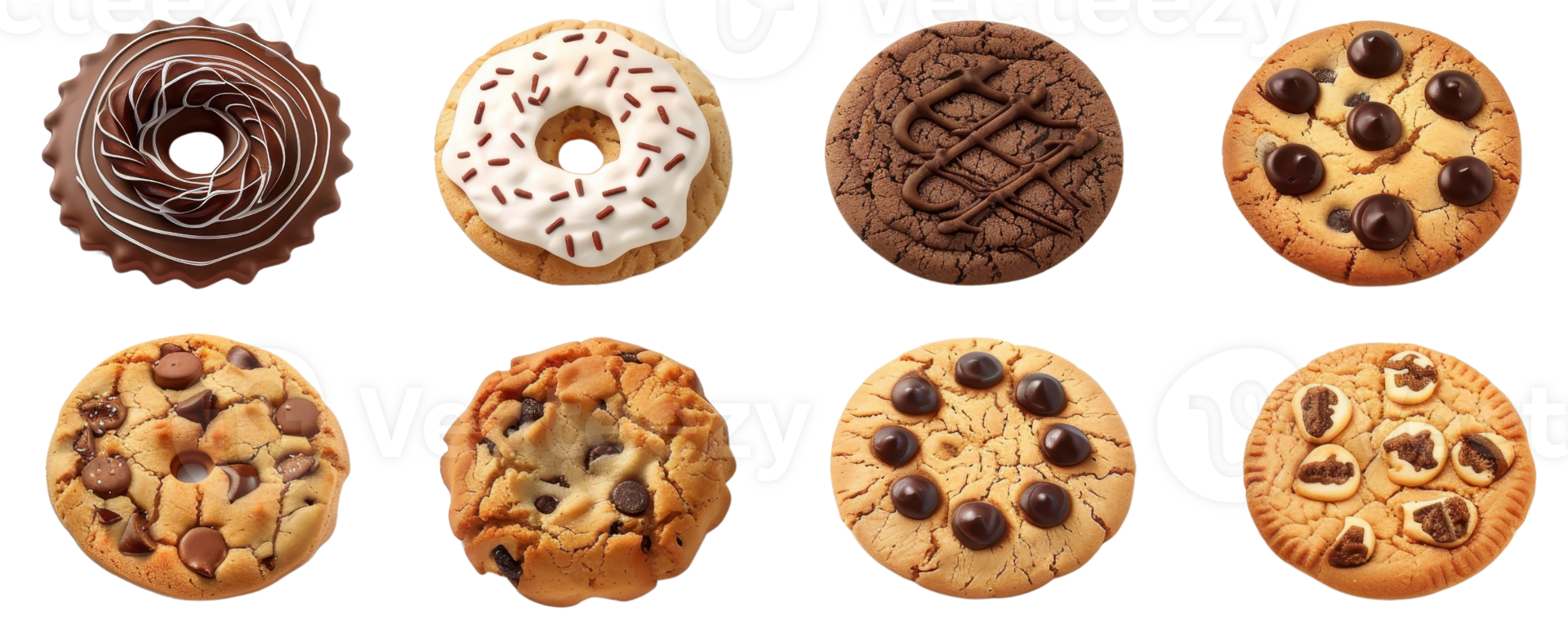 A variety of delicious cookies decorated with chocolate, icing, and candies, perfect for dessert, holiday treats, and sweet snacks. png