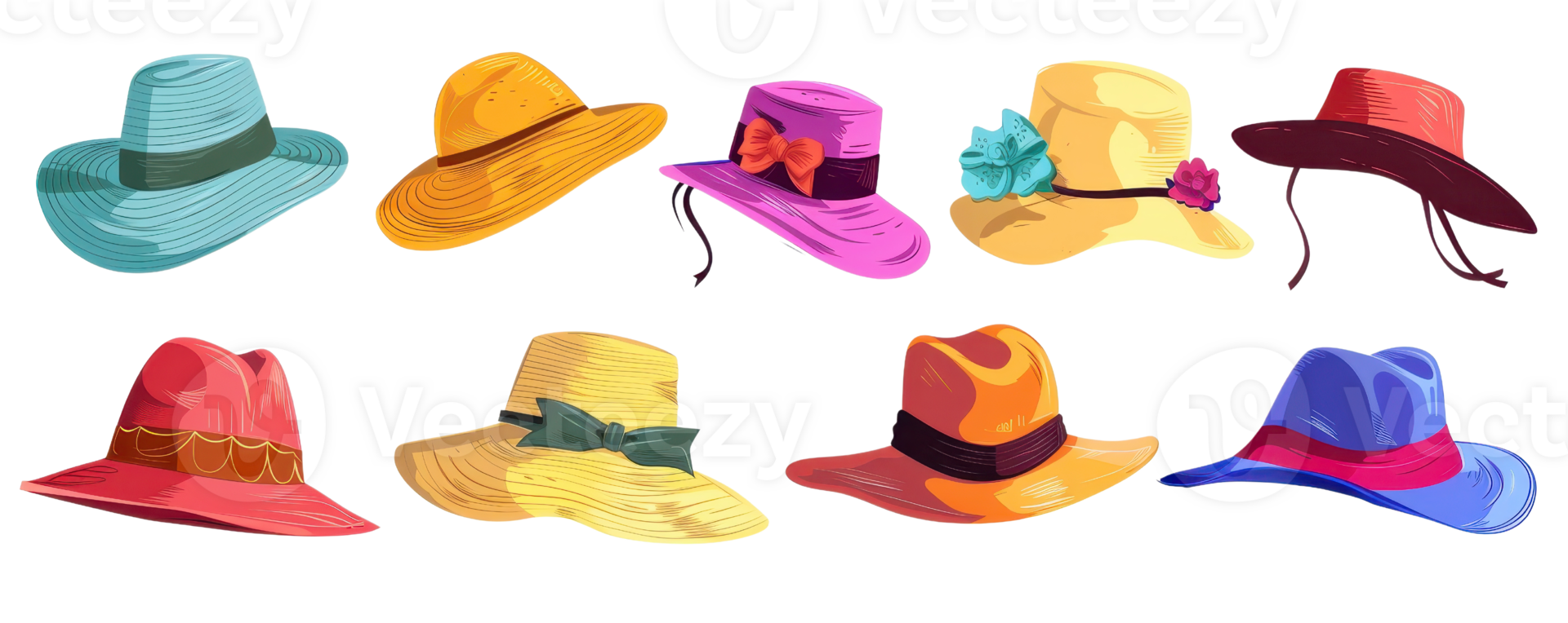 A vibrant collection of colorful summer hats in various styles, perfect for fashion enthusiasts looking to add a stylish touch to their wardrobe. png
