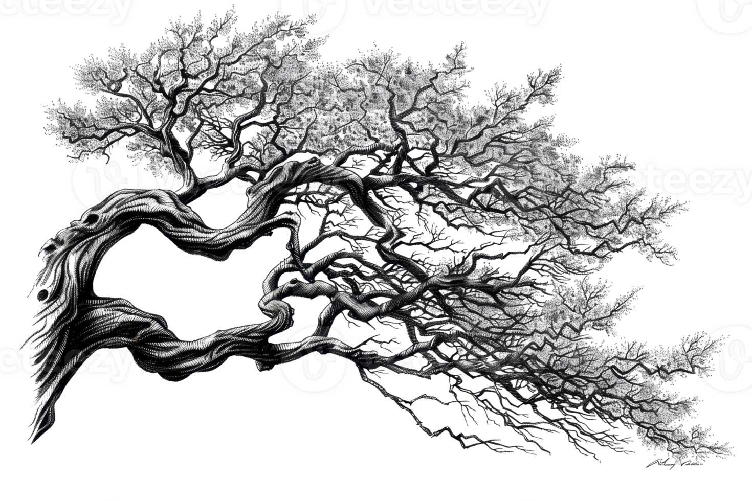 Artistic depiction of an intricately branched black and white tree with twisted branches, evoking a sense of mystery and elegance. png