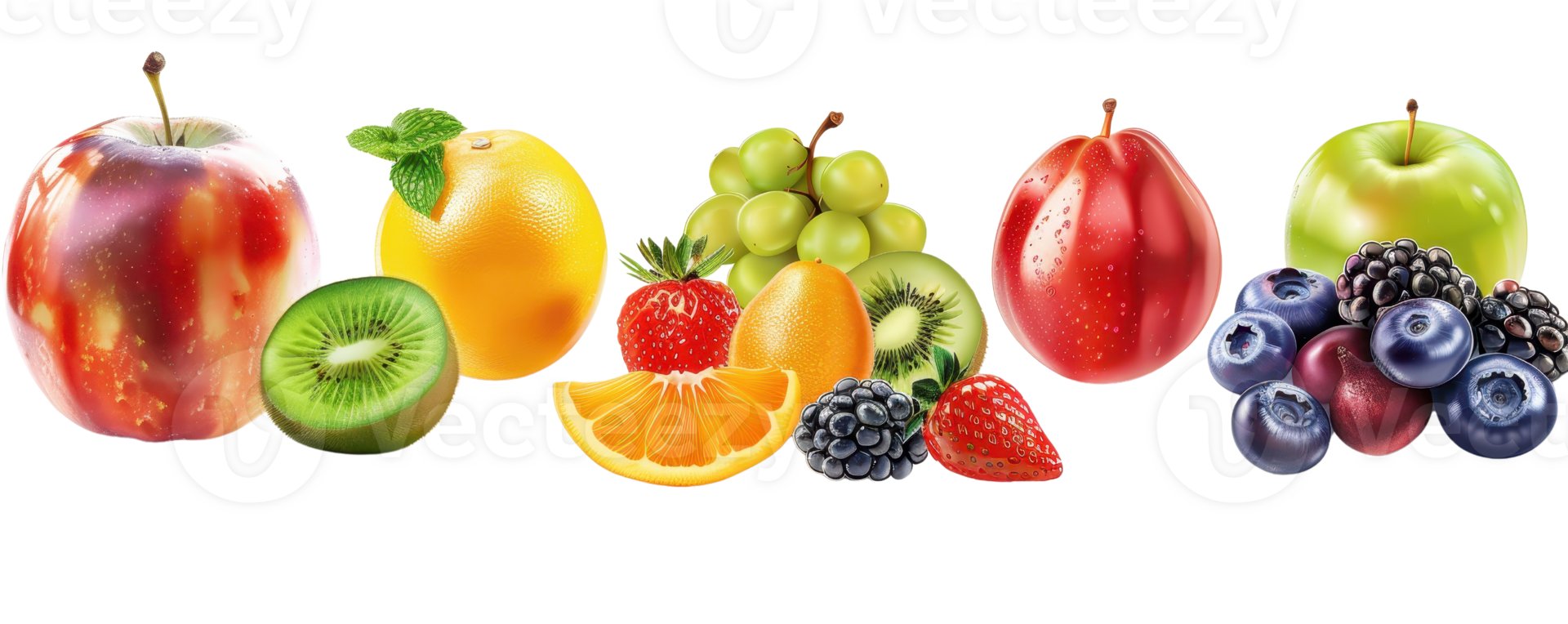 A vibrant assortment of fresh fruits, including apples, kiwis, grapes, and more. Perfect for promoting a healthy lifestyle and natural food choices. png