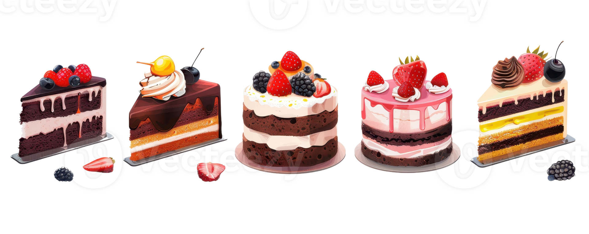 Assorted delicious cakes with various layers, toppings, and decorations, featuring fruits and chocolates. Perfect for dessert lovers. png
