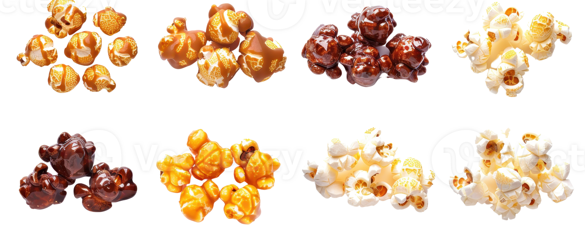 Assorted flavored popcorn varieties isolated on transparent background. Sweet and savory snack options for movie nights or parties. png