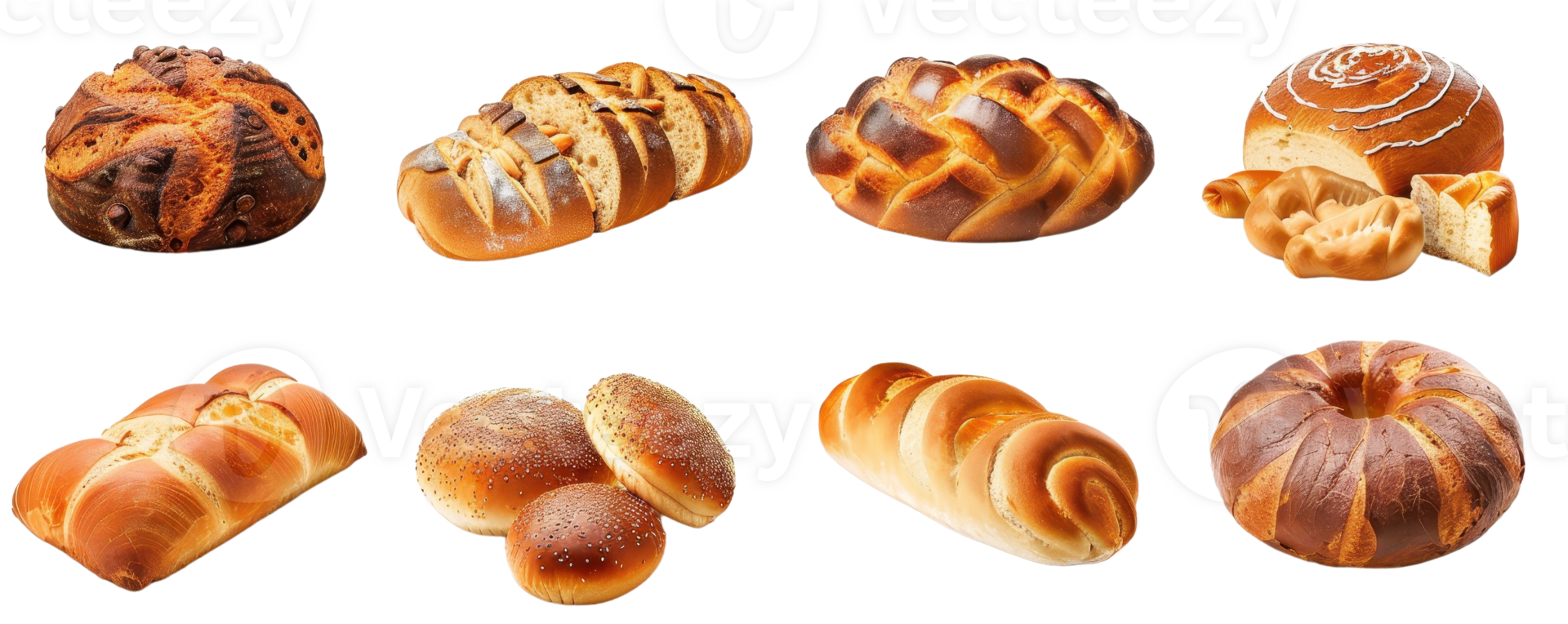 An assortment of freshly baked bread including rolls, loaves, and pastries, perfect for culinary projects or bakery-themed designs. png
