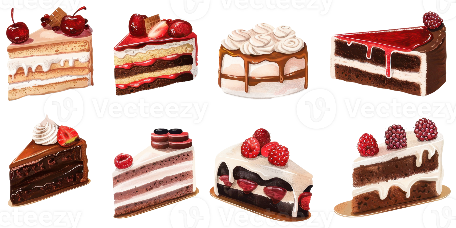 Assortment of delicious cakes with various flavors and decorations, perfect for dessert menus and culinary websites. png