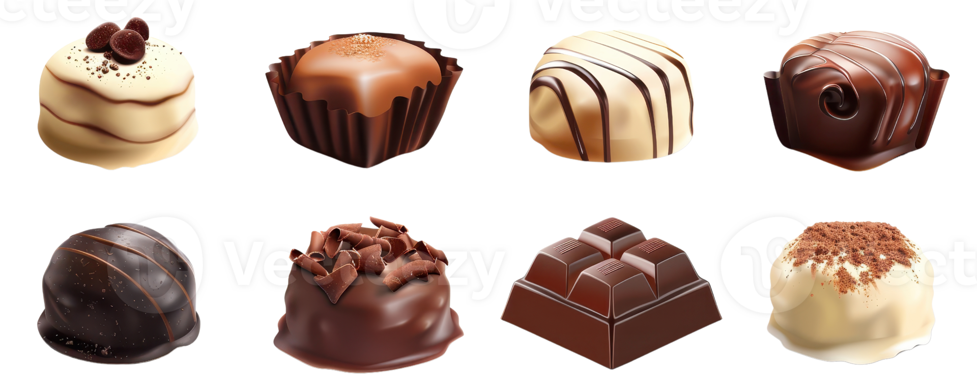 Assorted gourmet chocolates in various shapes and flavors, perfect for desserts, gifts, and special occasions. Delicious and visually appealing. png