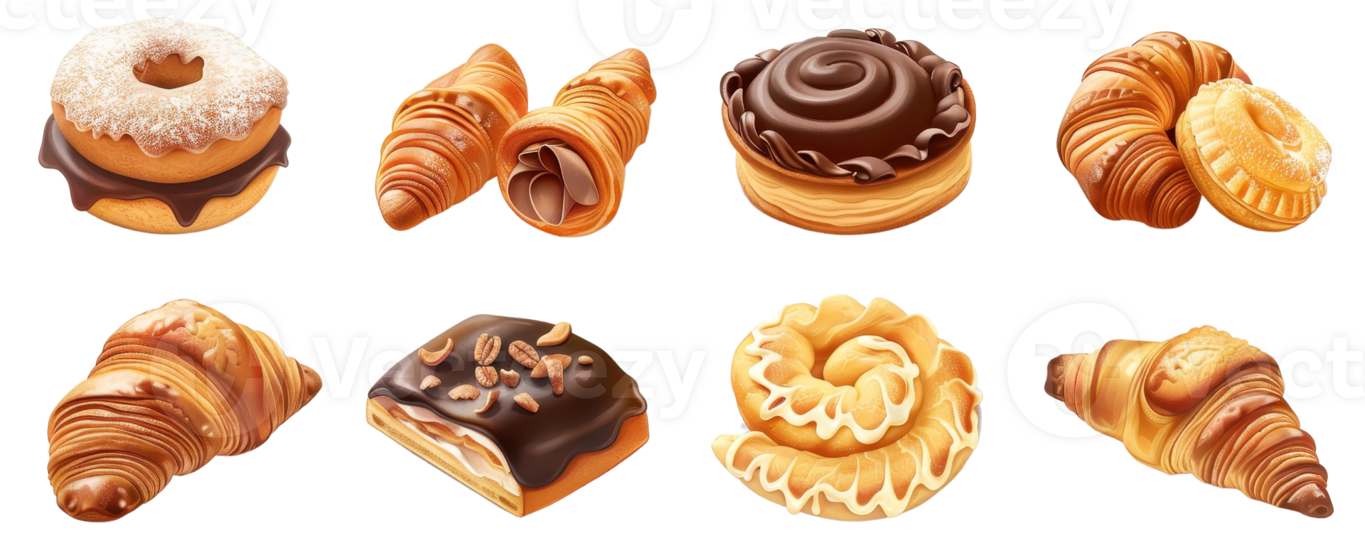 Assorted pastries and baked goods including donuts, croissants, and pastries with chocolate and nuts. png