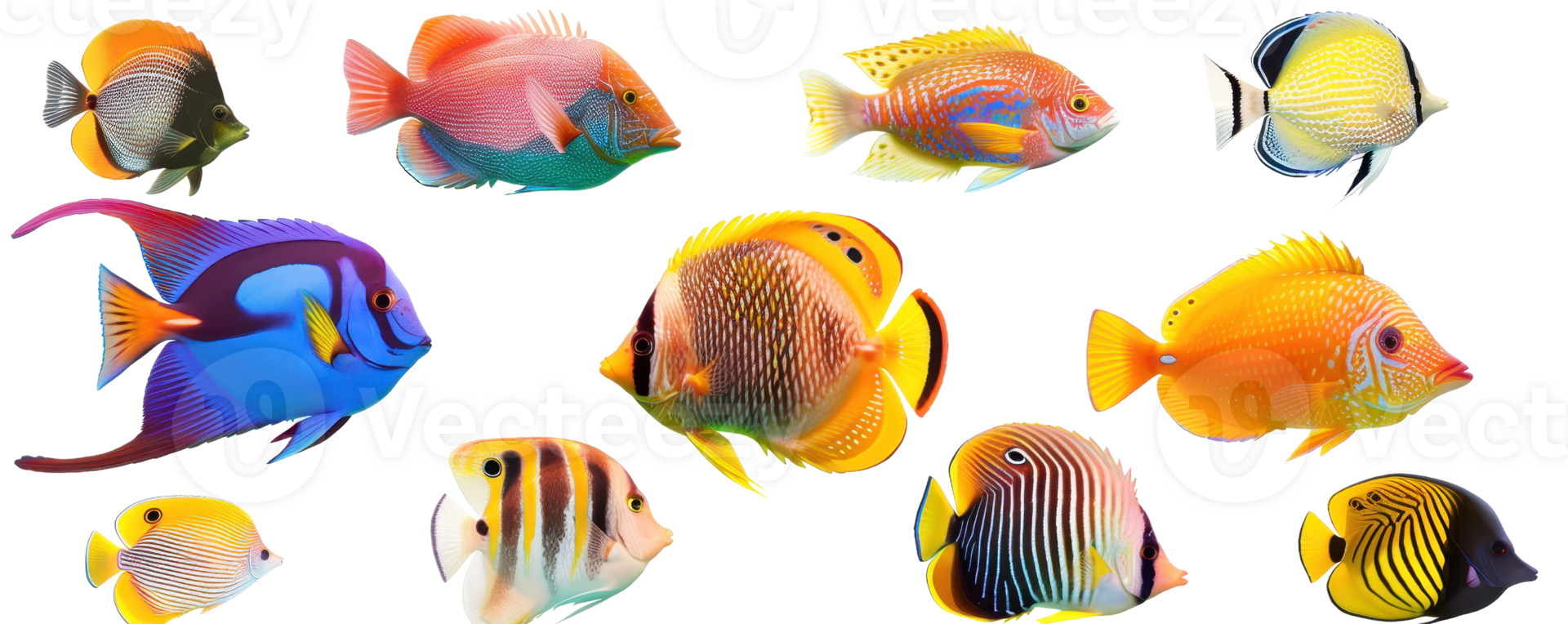 A vibrant collection of various tropical fish species, showcasing their beautiful colors and patterns against a transparent background. png