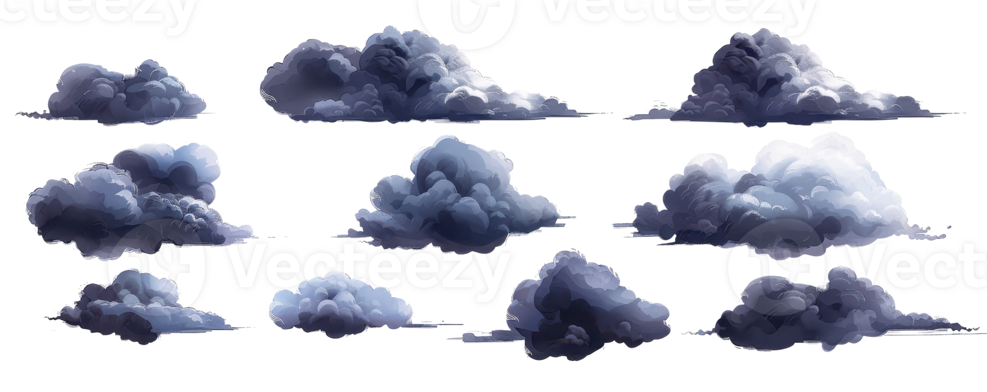 Collection of dark stormy clouds with different shapes and sizes, perfect for weather-related design projects and atmospheric imagery. png
