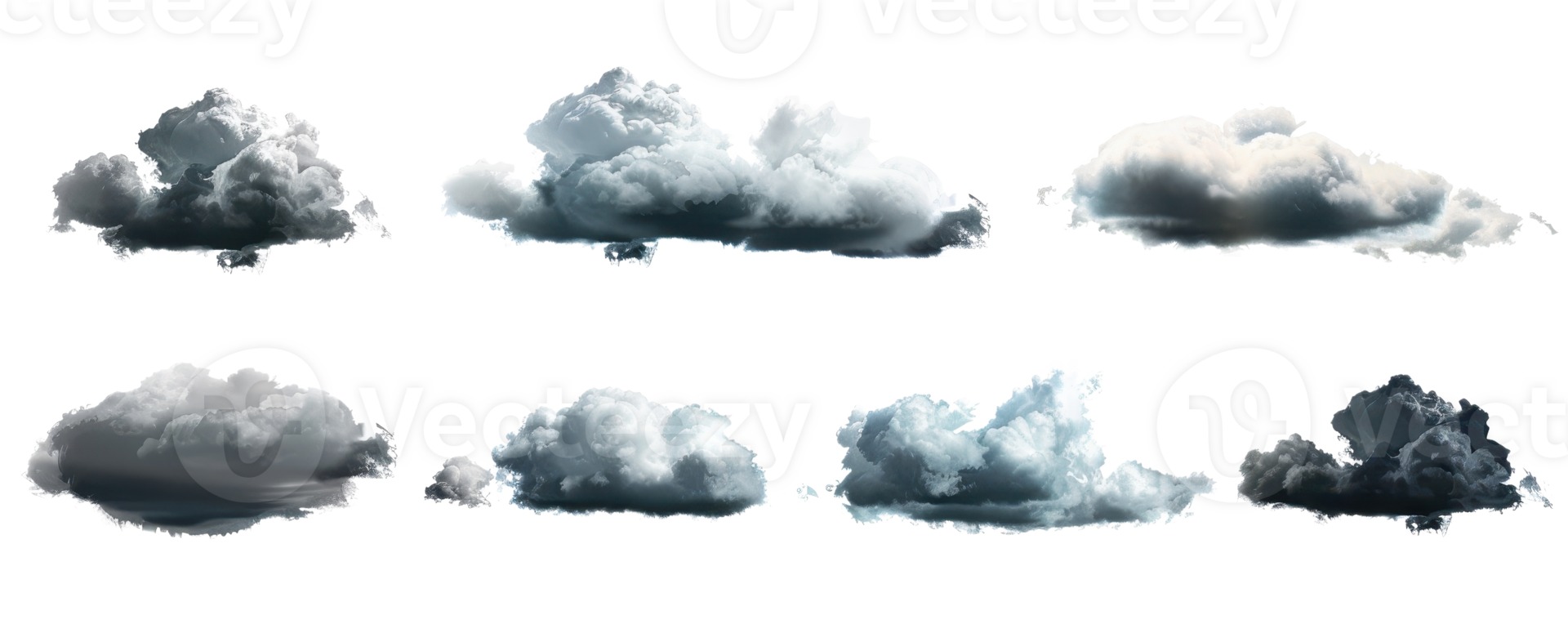 Collection of seven realistic digital cloud illustrations showcasing various shapes and lighting effects for weather or background designs. png