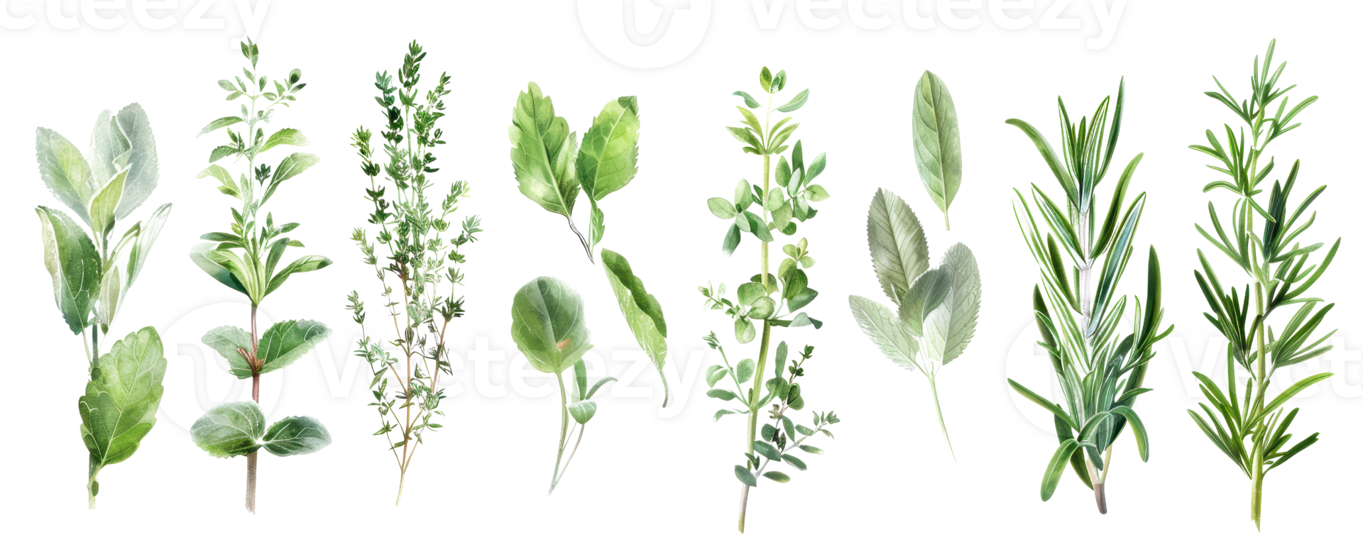 Collection of various fresh herbs including rosemary, thyme, sage, and oregano arranged in a row against a transparent background. png