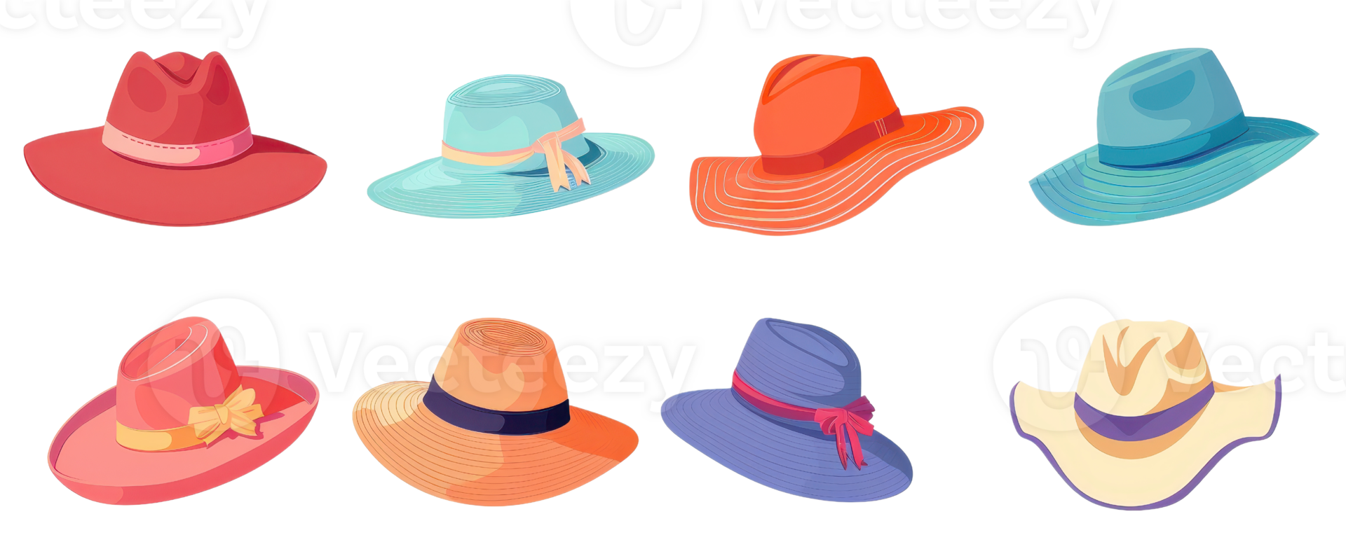 Collection of stylish hats in various colors and designs, perfect for summer fashion and adding a unique touch to any outfit. png