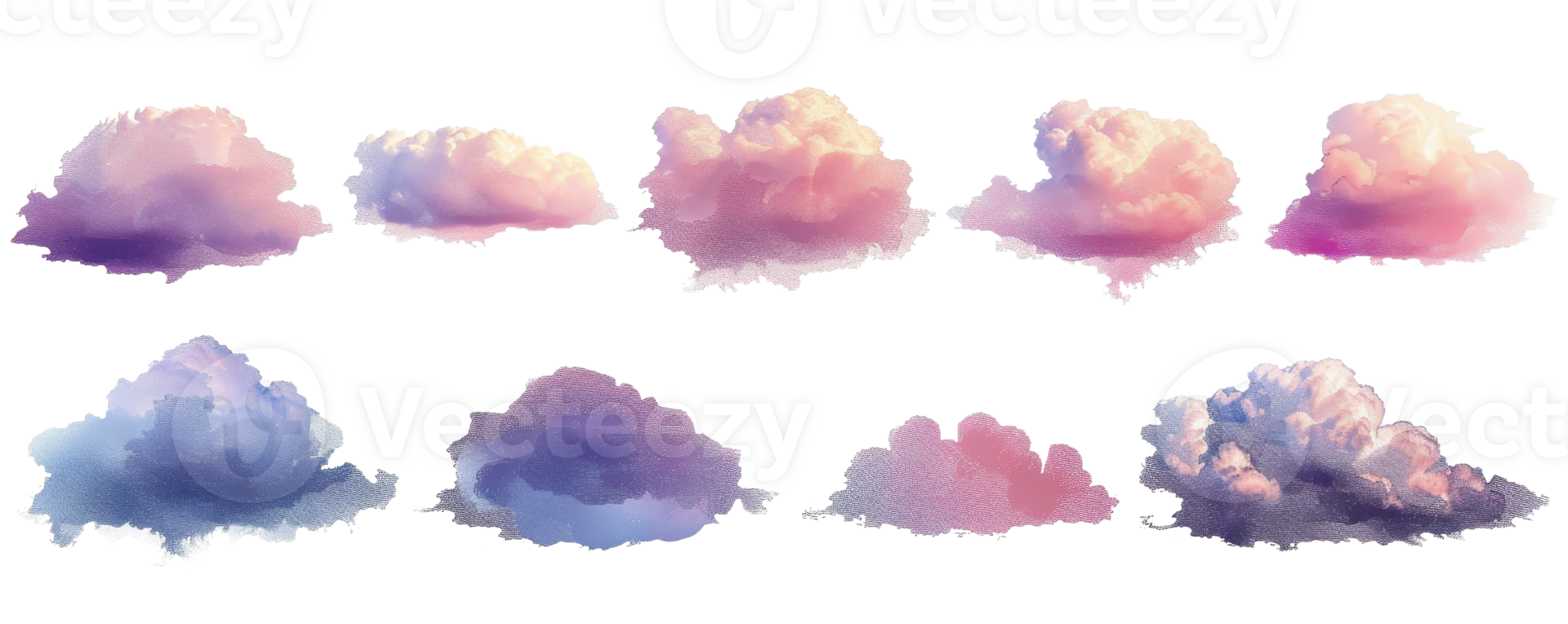 Collection of colorful clouds isolated on a transparent background, perfect for digital art, backgrounds, and nature themes. png
