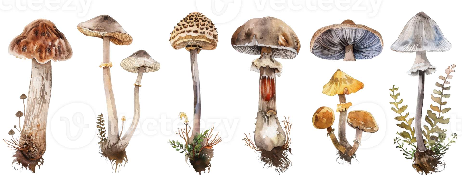 Collection of various mushrooms including different shapes, sizes, and colors, isolated on transparent background. png