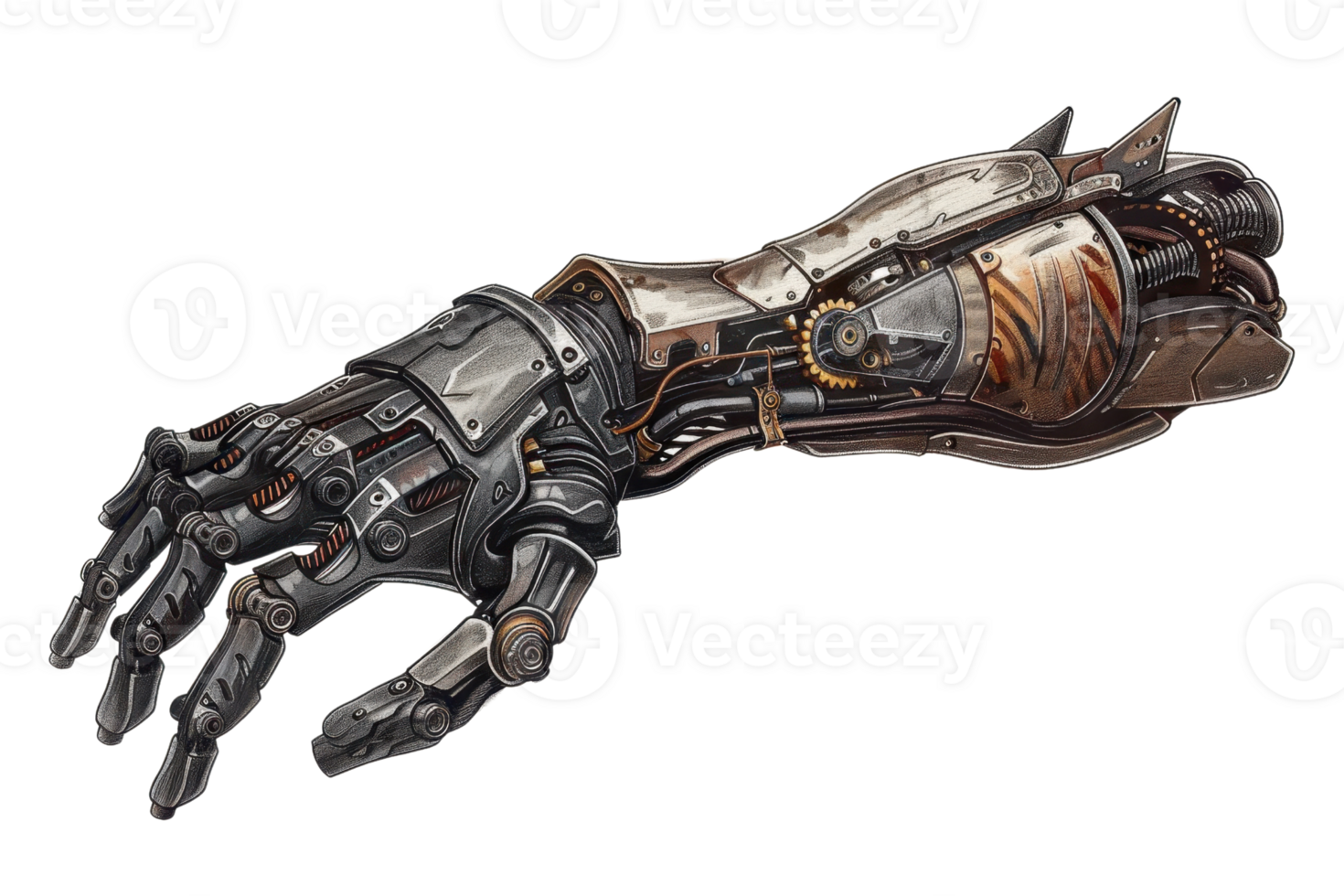 Detailed image of a futuristic robotic arm with intricate mechanical design, showcasing advanced technology and engineering. png