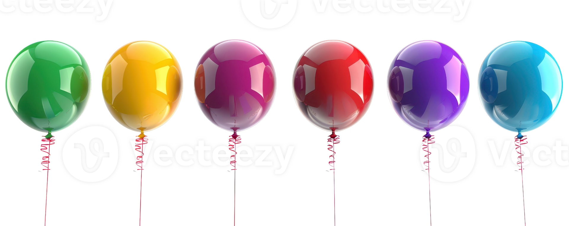 Colorful set of six floating balloons in a row with reflections on a transparent background. Perfect for celebrations and events. png