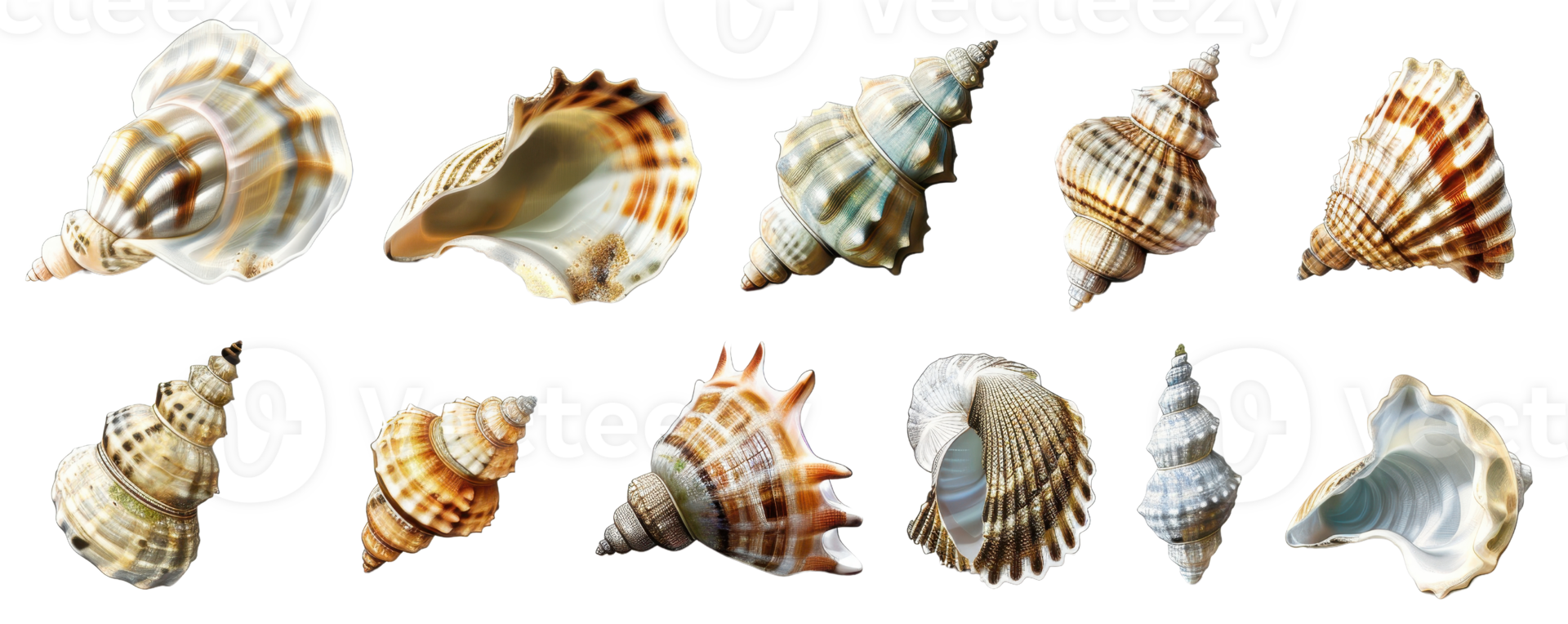 Collection of various seashells isolated on a transparent background. Perfect for beach, marine, and nature-themed designs and projects. png