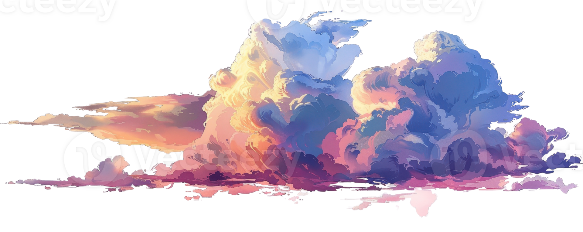Digital illustration of a vibrant cloudscape with colorful clouds during sunset, depicting a tranquil and serene sky. png